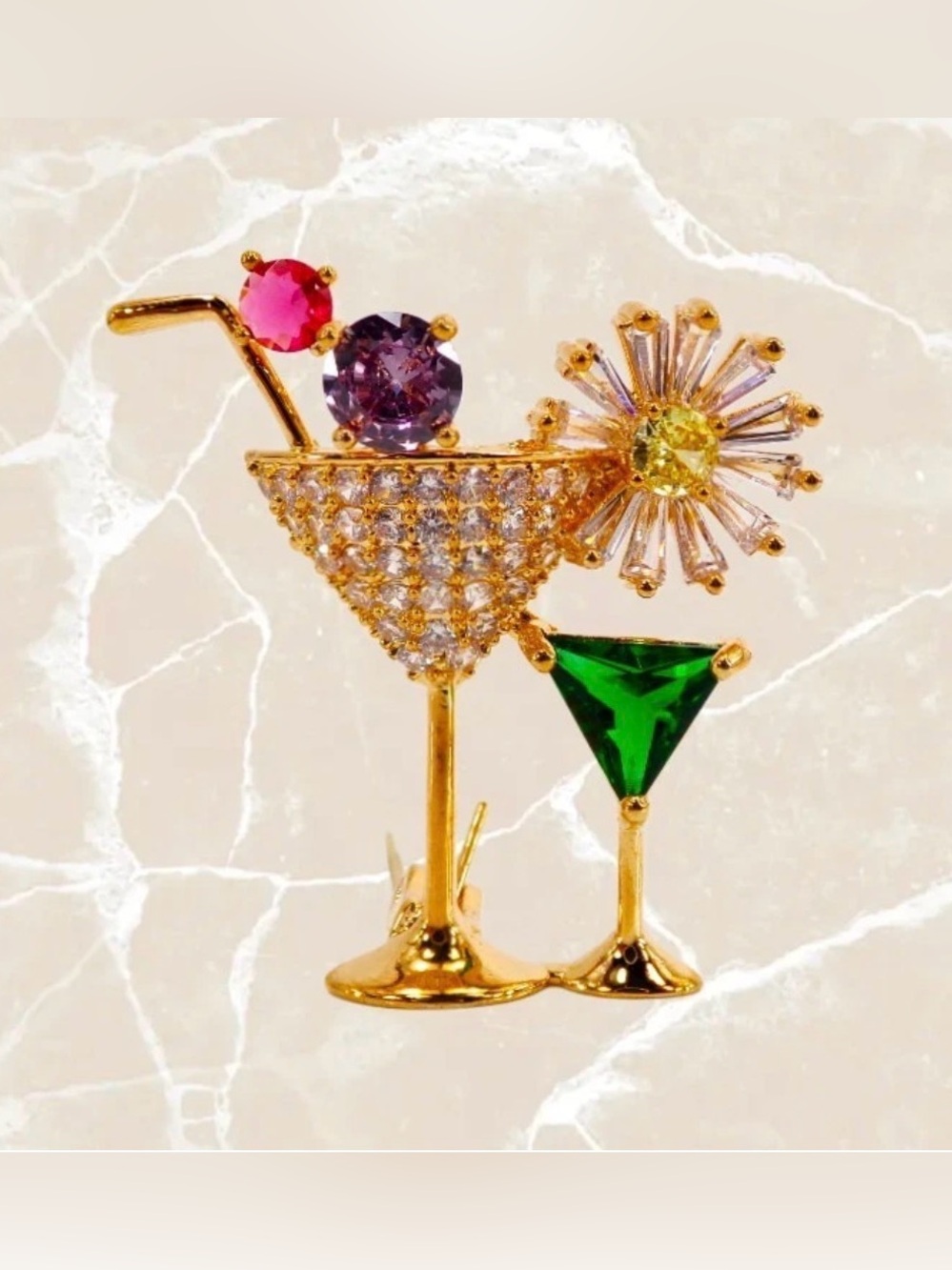 Martini Crystal Brooch Pin Colorful CZ Cocktail Jewelry Gold Plated New